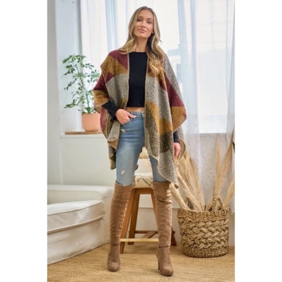 SOLD OUT Wine Multi Color Knit Shawl Open Wrap Geo Block Cardigan Sweater - Picture 4 of 8